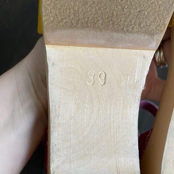 Swedish Hasbeens Toffel Multi Leather Wooden Heel Clog Sandals Size EU 39 US 8.5 - Picture 8 of 12